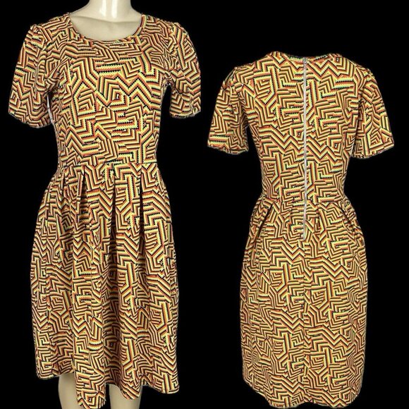 LulaRoe L Yellow Geometric Crew Zip Back Pleated Short Sleeve Knee Length Dress - Picture 1 of 6
